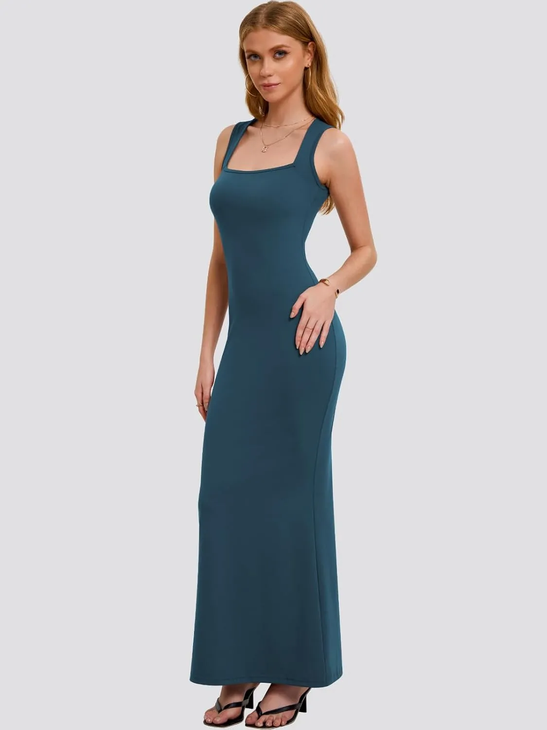 Bloggerlove Womens Summer Long Bodycon Maxi Dresses Square Neck Strap Sleeveless Sexy Cocktail Party Prom Dress