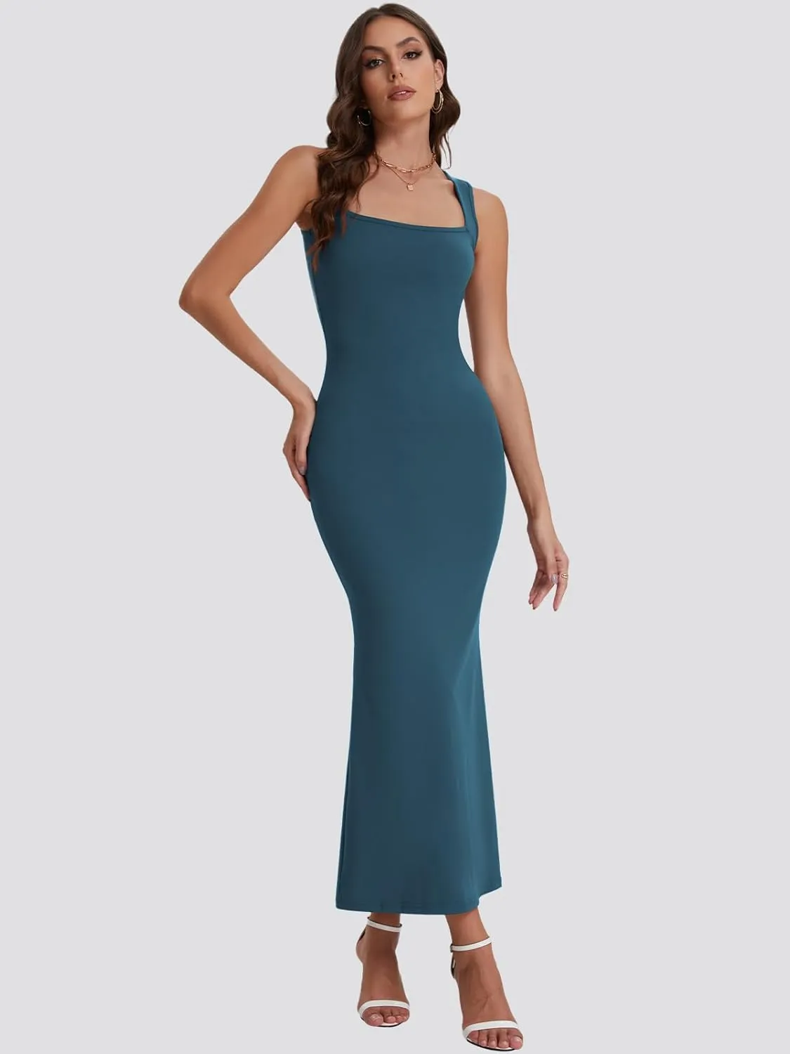 Bloggerlove Womens Summer Long Bodycon Maxi Dresses Square Neck Strap Sleeveless Sexy Cocktail Party Prom Dress