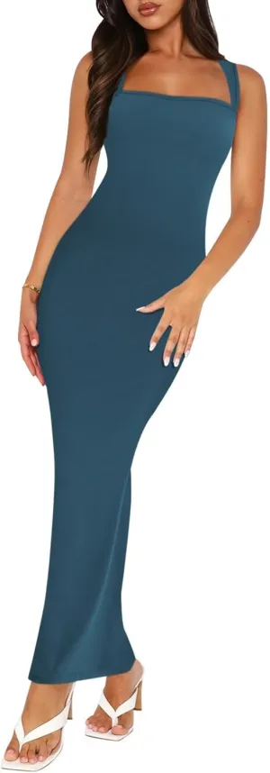 Bloggerlove Womens Summer Long Bodycon Maxi Dresses Square Neck Strap Sleeveless Sexy Cocktail Party Prom Dress