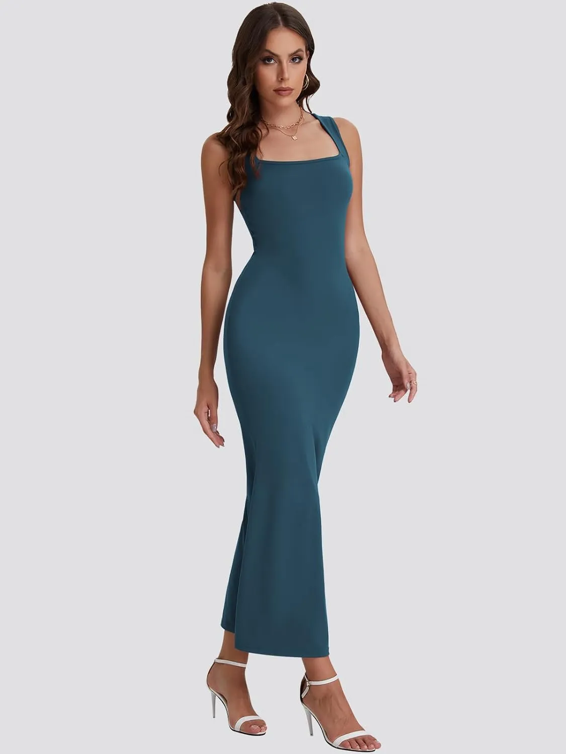 Bloggerlove Womens Summer Long Bodycon Maxi Dresses Square Neck Strap Sleeveless Sexy Cocktail Party Prom Dress