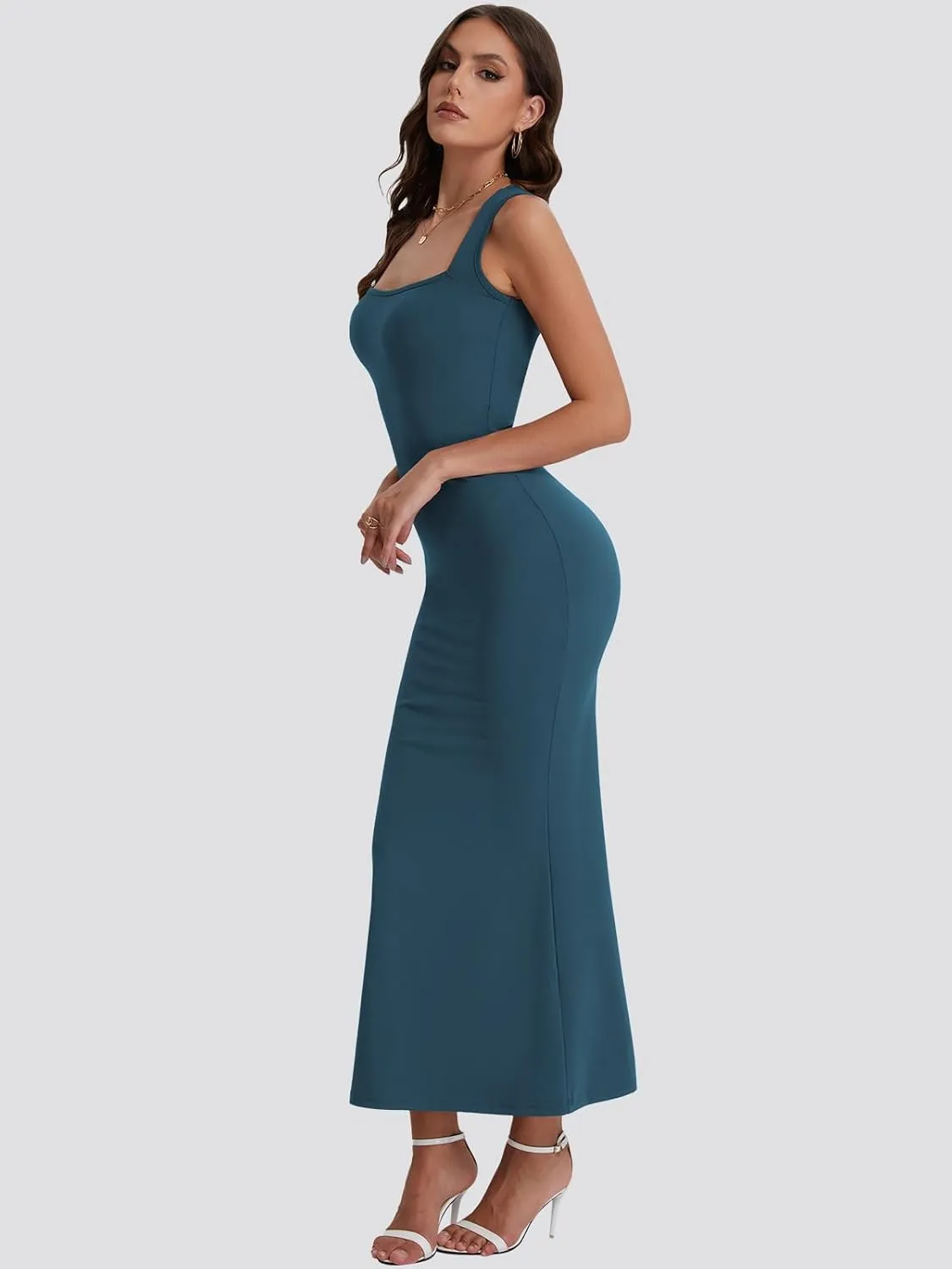 Bloggerlove Womens Summer Long Bodycon Maxi Dresses Square Neck Strap Sleeveless Sexy Cocktail Party Prom Dress
