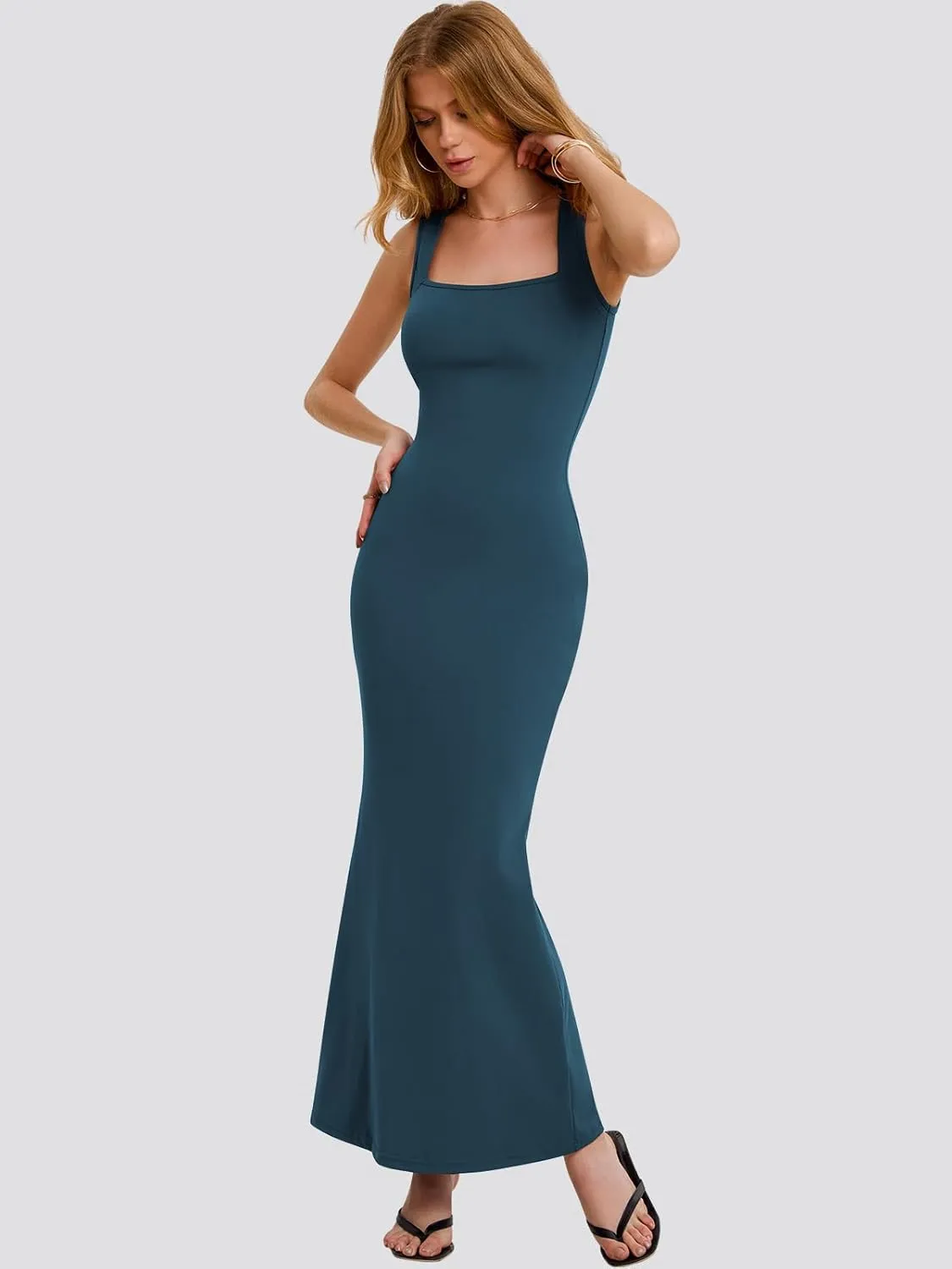 Bloggerlove Womens Summer Long Bodycon Maxi Dresses Square Neck Strap Sleeveless Sexy Cocktail Party Prom Dress