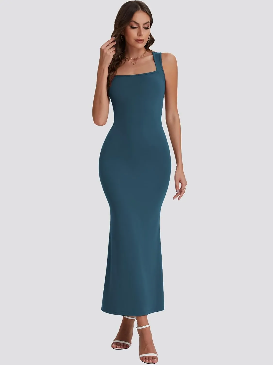 Bloggerlove Womens Summer Long Bodycon Maxi Dresses Square Neck Strap Sleeveless Sexy Cocktail Party Prom Dress