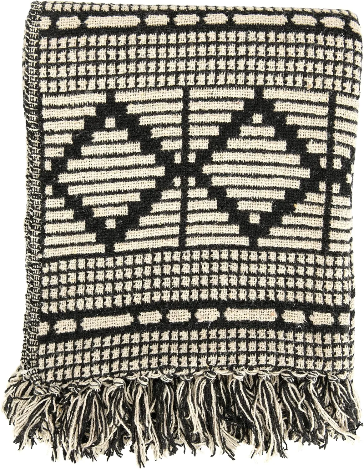 Bloomingville Soft Recycled Cotton Blend Throw with Diamond Pattern, Black and Beige