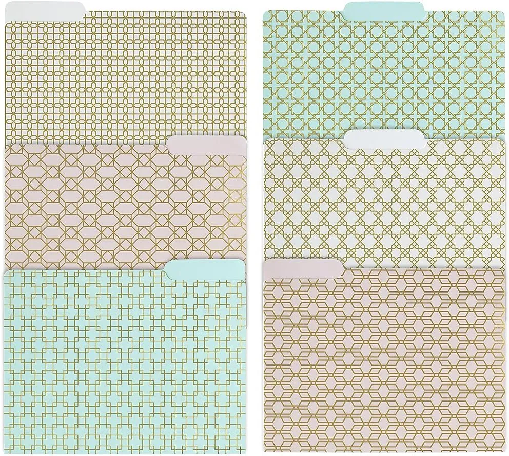 Blu Monaco Decorative File Folders, 1/3 Cut Tabs, Pink Aqua Cream with Gold Foil Design, Letter Size, Set of 12, 3 Each of 4 Patterns
