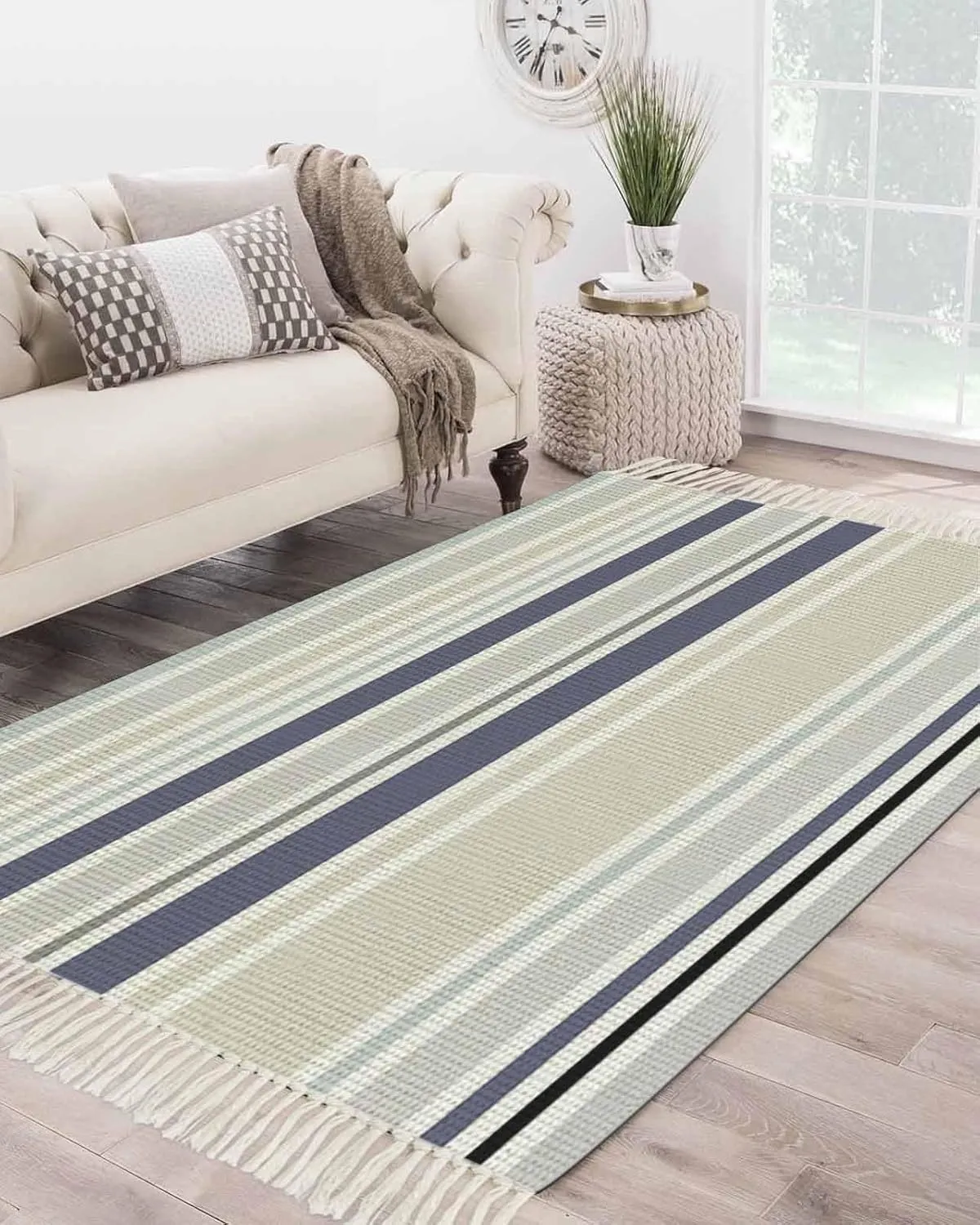 Blue Beige White Large Runner Rug 4X6 Ft Living Room Area Rug, Washable Woven Throw Carpet with Tassel, Modern Farmhouse Colorful Stripes Non-Shedding Bedroom Office Carpets