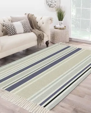 Blue Beige White Large Runner Rug 4X6 Ft Living Room Area Rug, Washable Woven Throw Carpet with Tassel, Modern Farmhouse Colorful Stripes Non-Shedding Bedroom Office Carpets