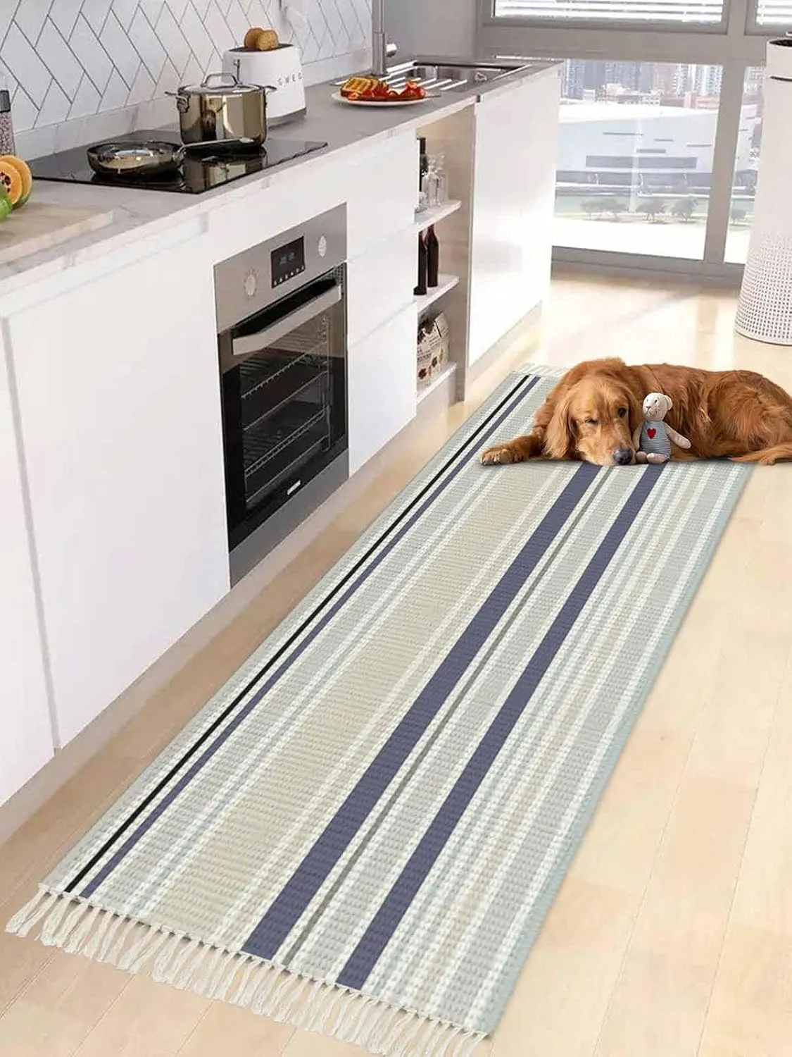 Blue Beige White Runner Rug 2X4 Ft Entryway Outdoor Indoor Mat, Washable Woven Throw Carpet with Tassel, Modern Farmhouse Colorful Stripes Non-Shedding Hallway Bath Mats