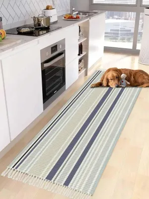 Blue Beige White Runner Rug 2X4 Ft Entryway Outdoor Indoor Mat, Washable Woven Throw Carpet with Tassel, Modern Farmhouse Colorful Stripes Non-Shedding Hallway Bath Mats