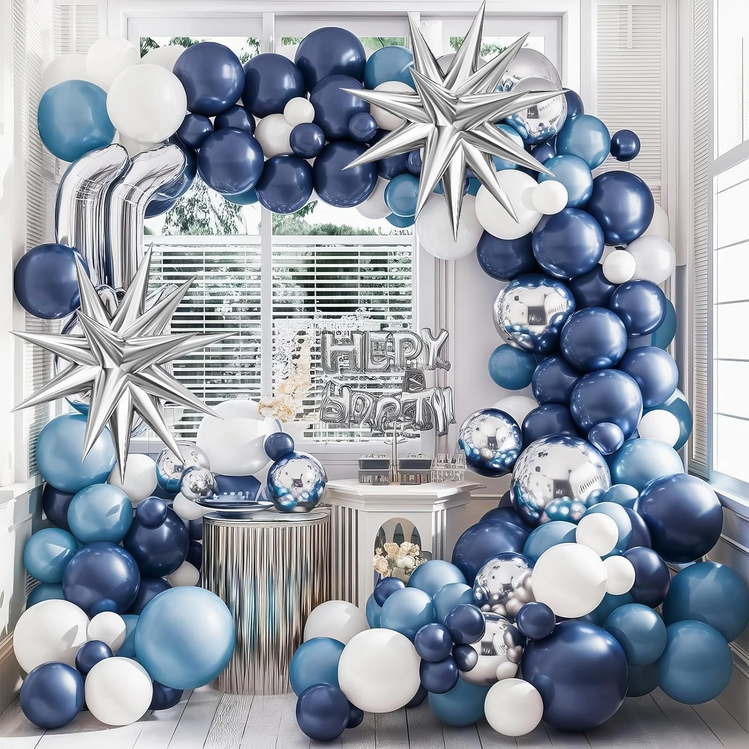 Blue Silver Balloon Arch Kit, Navy Blue Silver White Balloon Garland with Metallic Light blue silver Balloons Star Foil Balloons for Boys Men Birthday Wedding Graduation Baby Shower Party Decoration