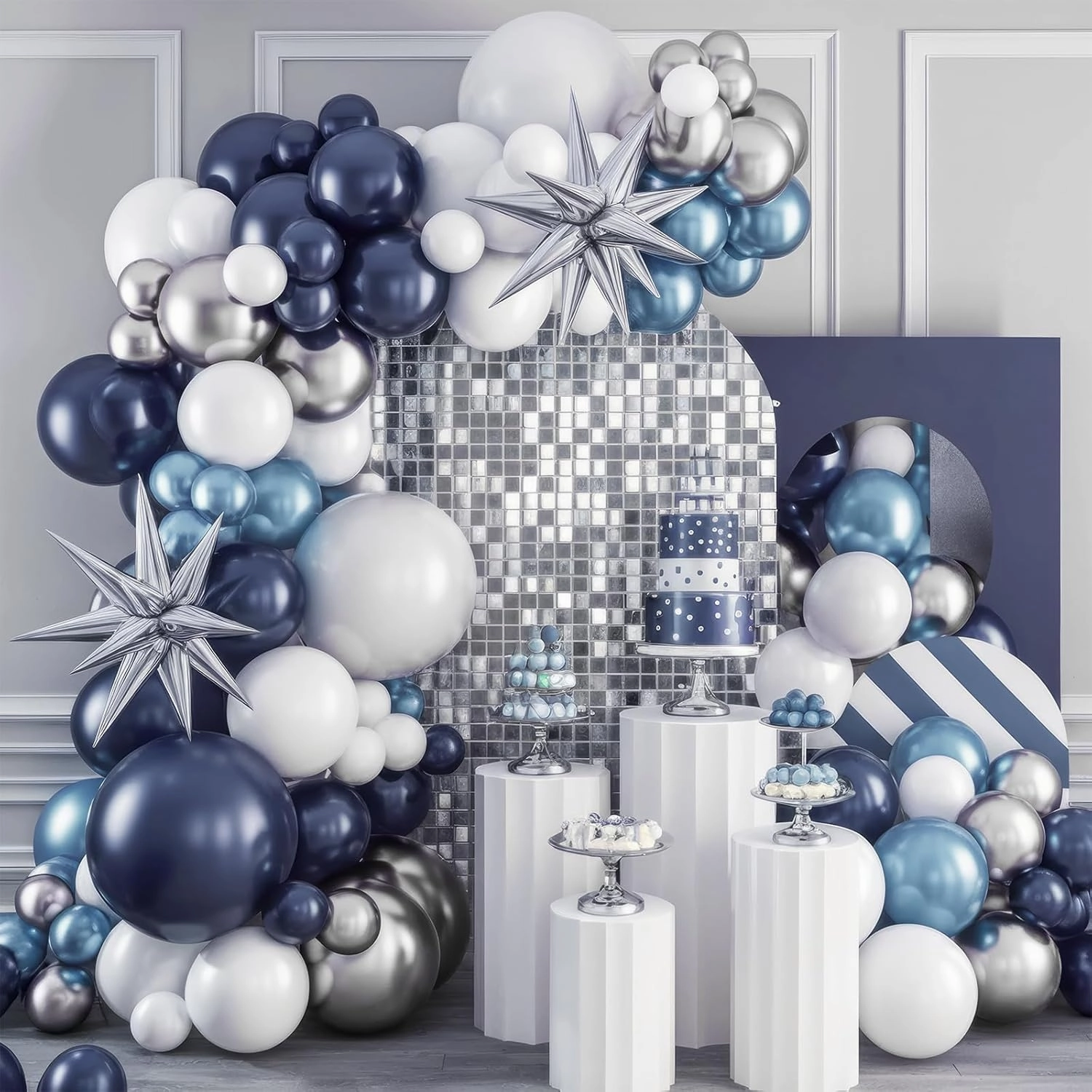 Blue Silver Balloon Arch Kit, Navy Blue Silver White Balloon Garland with Metallic Light blue silver Balloons Star Foil Balloons for Boys Men Birthday Wedding Graduation Baby Shower Party Decoration
