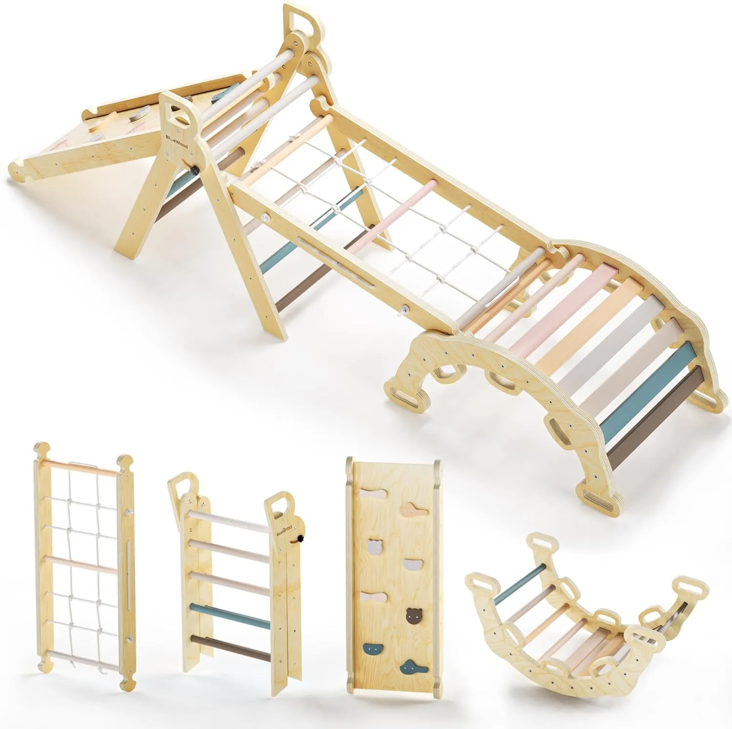BlueWood 2025 8-in-1 Pikler Triangle Climbing Set Toddler Toys Indoor Baby Jungle Gym Climber Playground for Kids - Mauve Pink