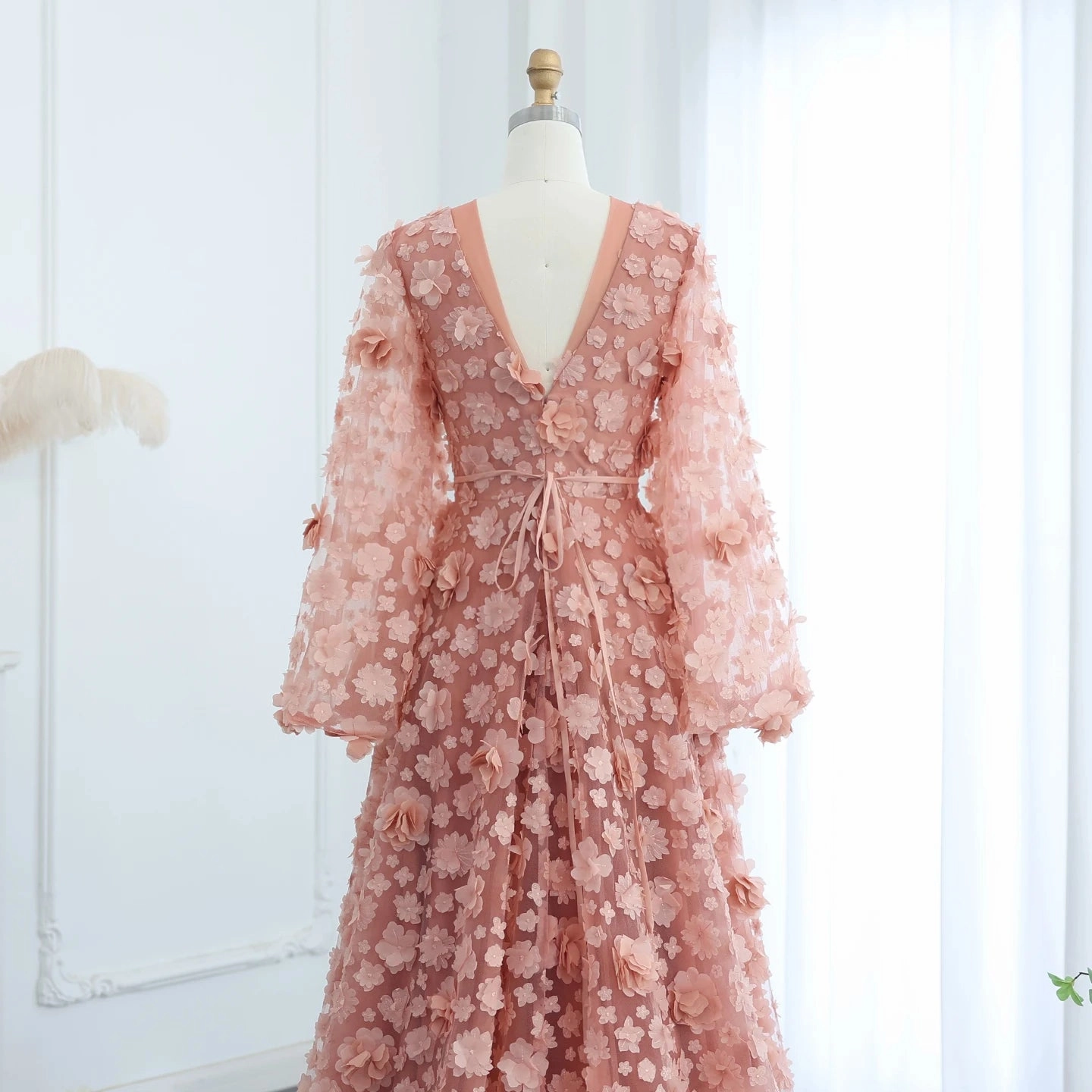Blush Peach-Pink 3D Flowers Evening Dresses with Bell Long Sleeves SS295