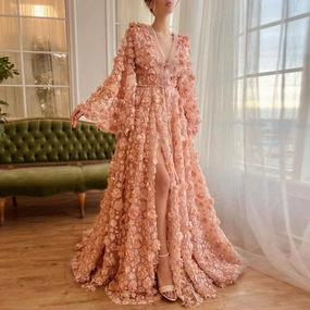 Blush Peach-Pink 3D Flowers Evening Dresses with Bell Long Sleeves SS295