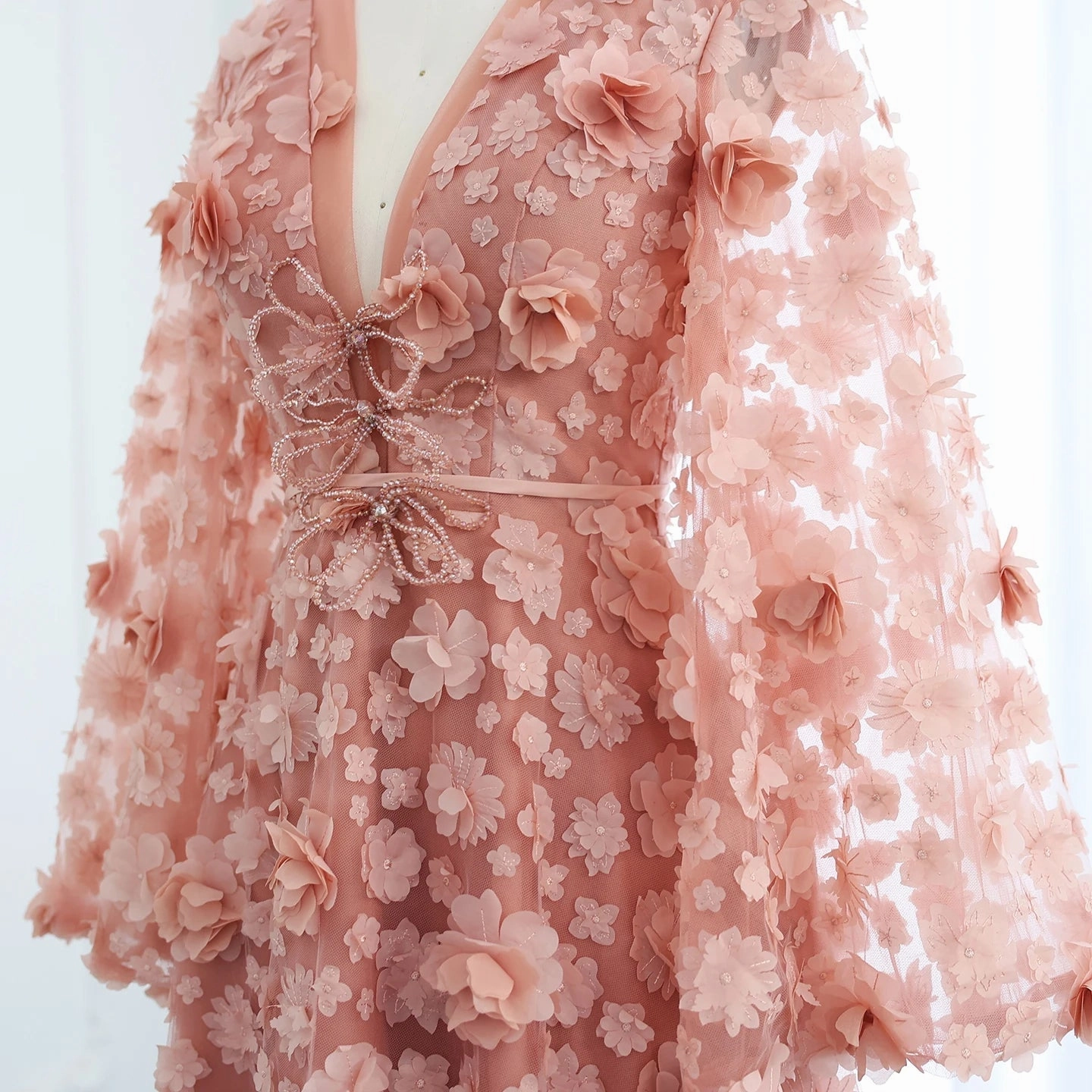 Blush Peach-Pink 3D Flowers Evening Dresses with Bell Long Sleeves SS295