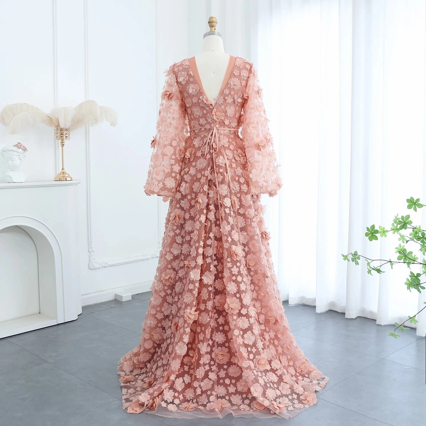 Blush Peach-Pink 3D Flowers Evening Dresses with Bell Long Sleeves SS295
