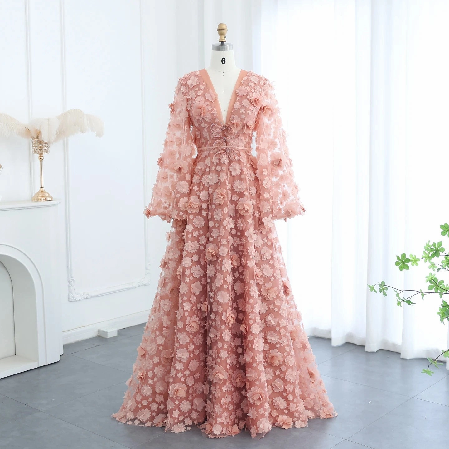 Blush Peach-Pink 3D Flowers Evening Dresses with Bell Long Sleeves SS295