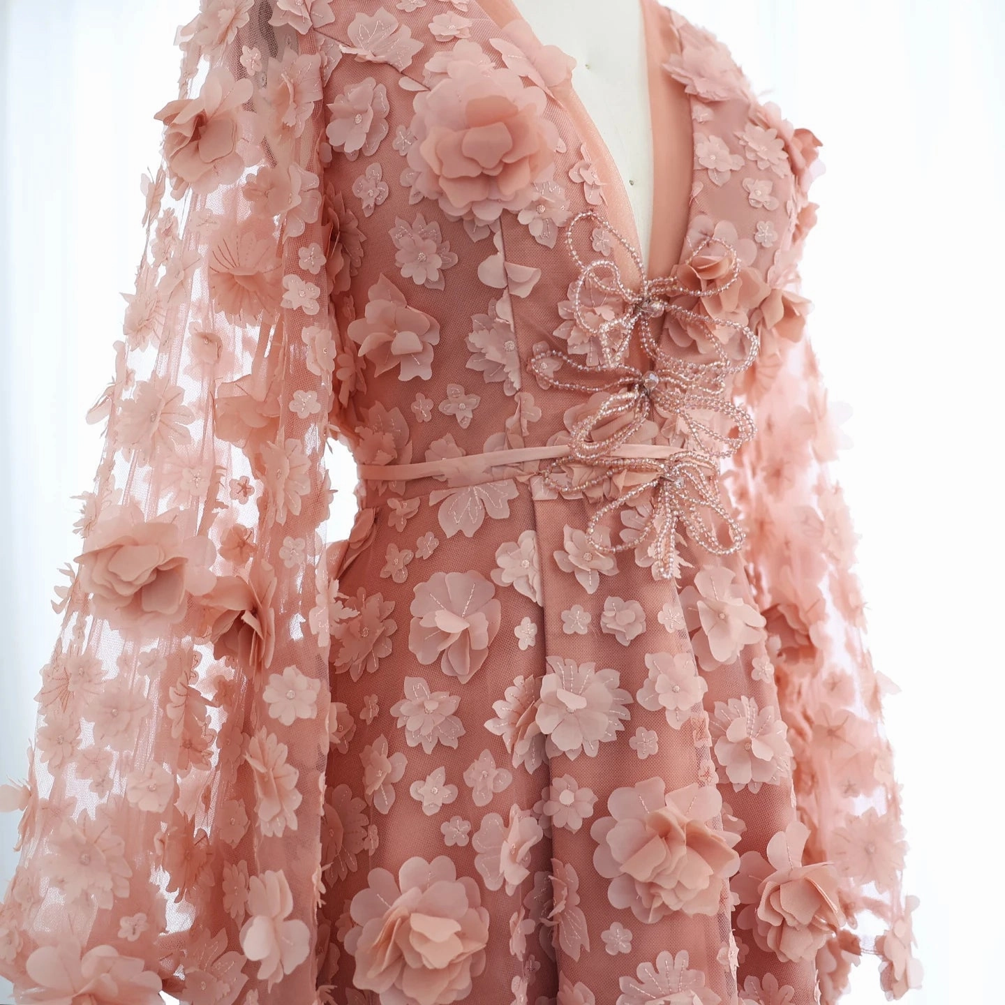 Blush Peach-Pink 3D Flowers Evening Dresses with Bell Long Sleeves SS295