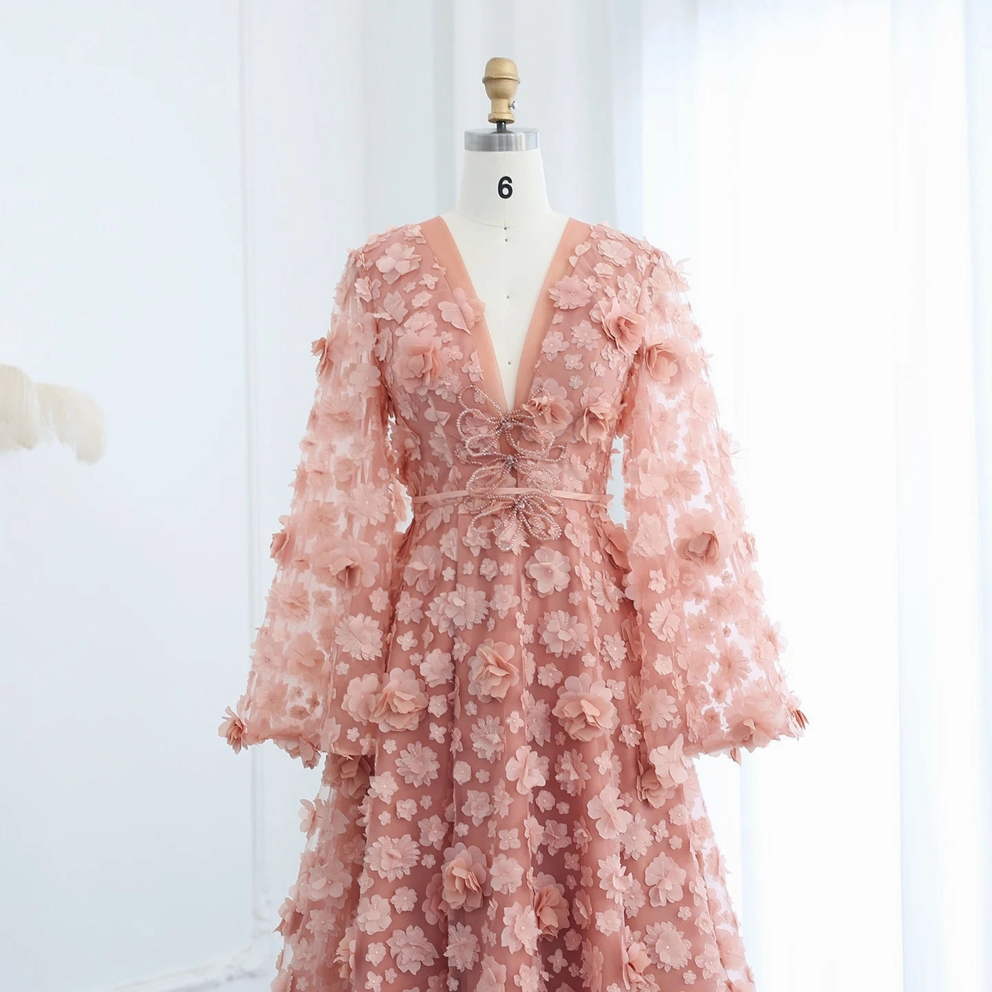 Blush Peach-Pink 3D Flowers Evening Dresses with Bell Long Sleeves SS295