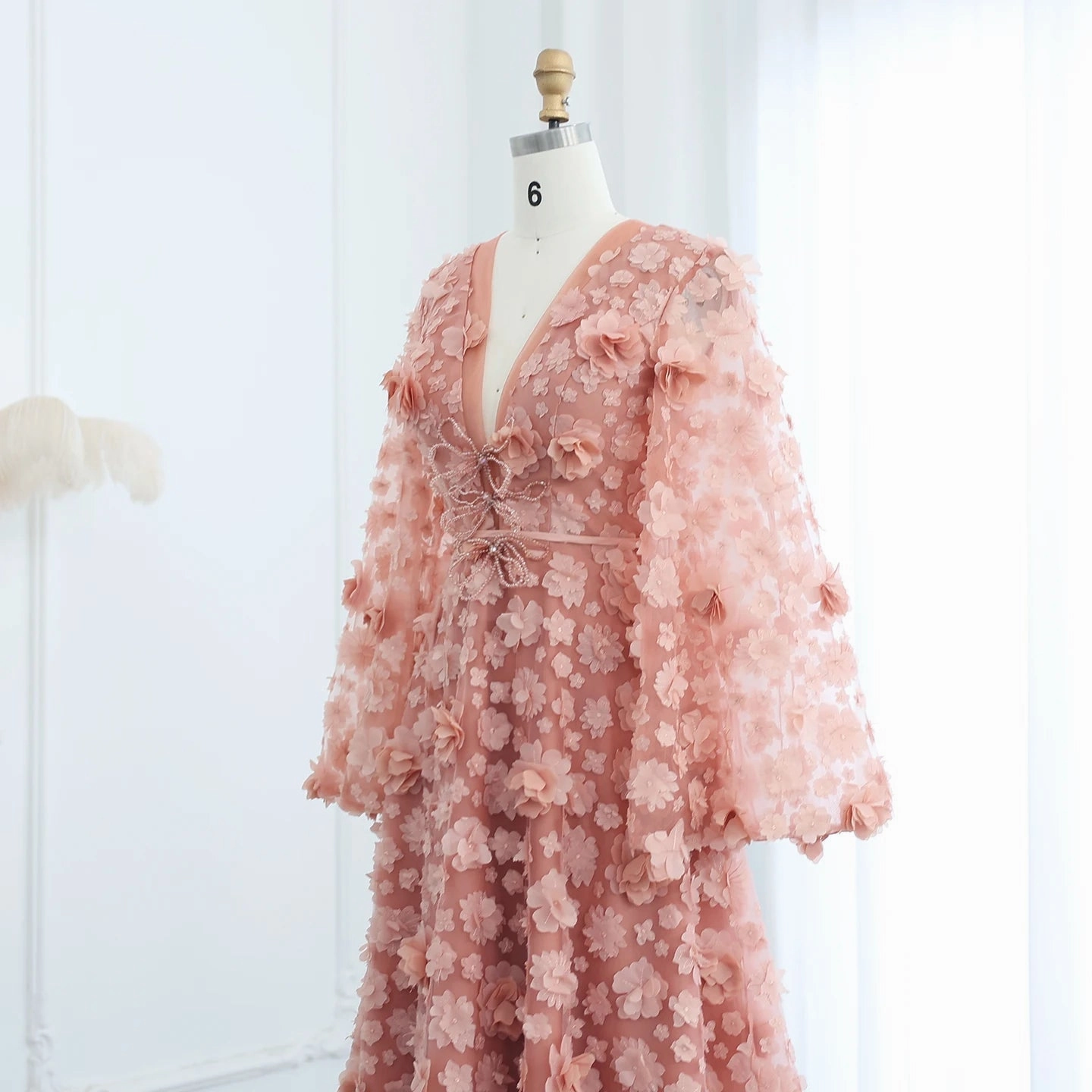 Blush Peach-Pink 3D Flowers Evening Dresses with Bell Long Sleeves SS295
