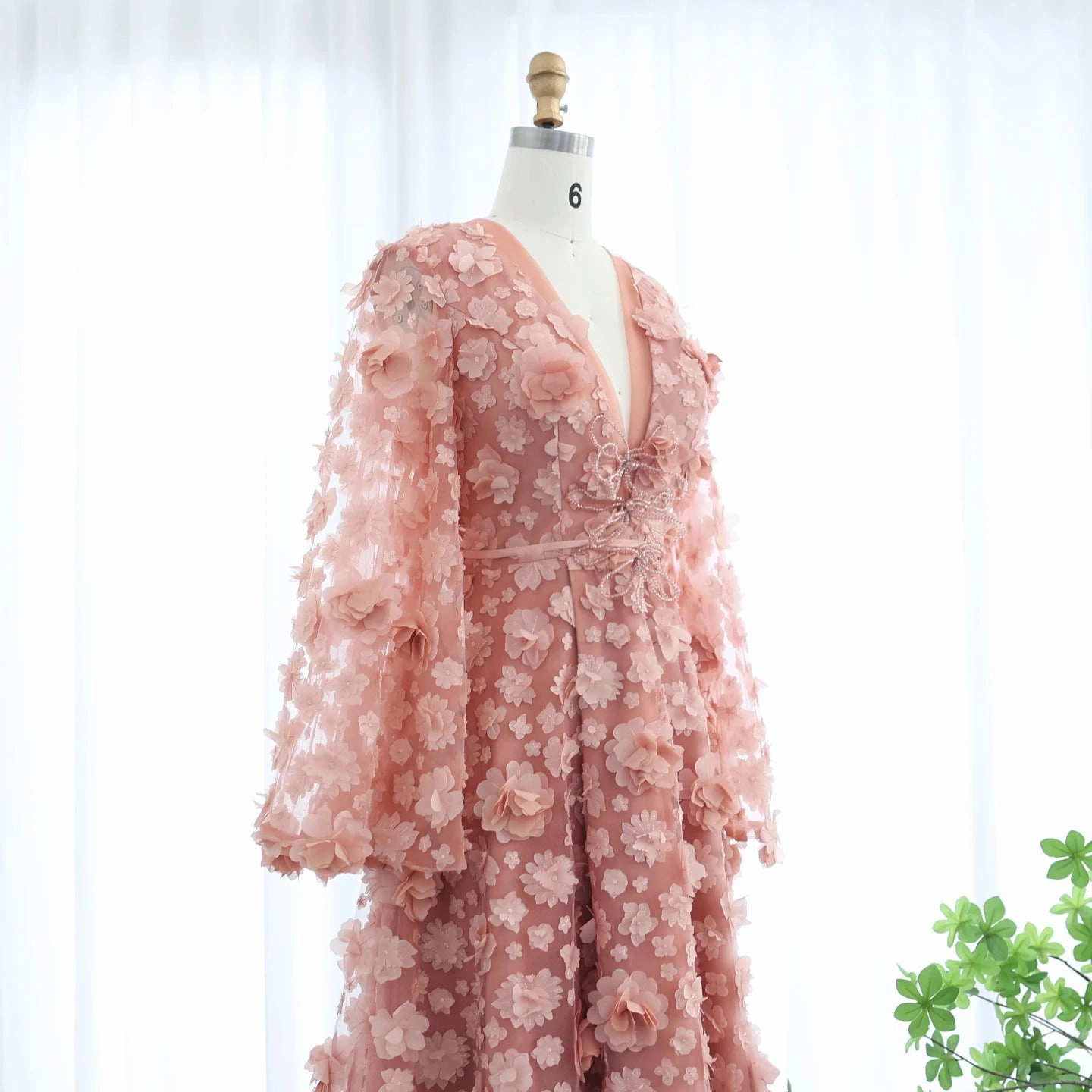 Blush Peach-Pink 3D Flowers Evening Dresses with Bell Long Sleeves SS295