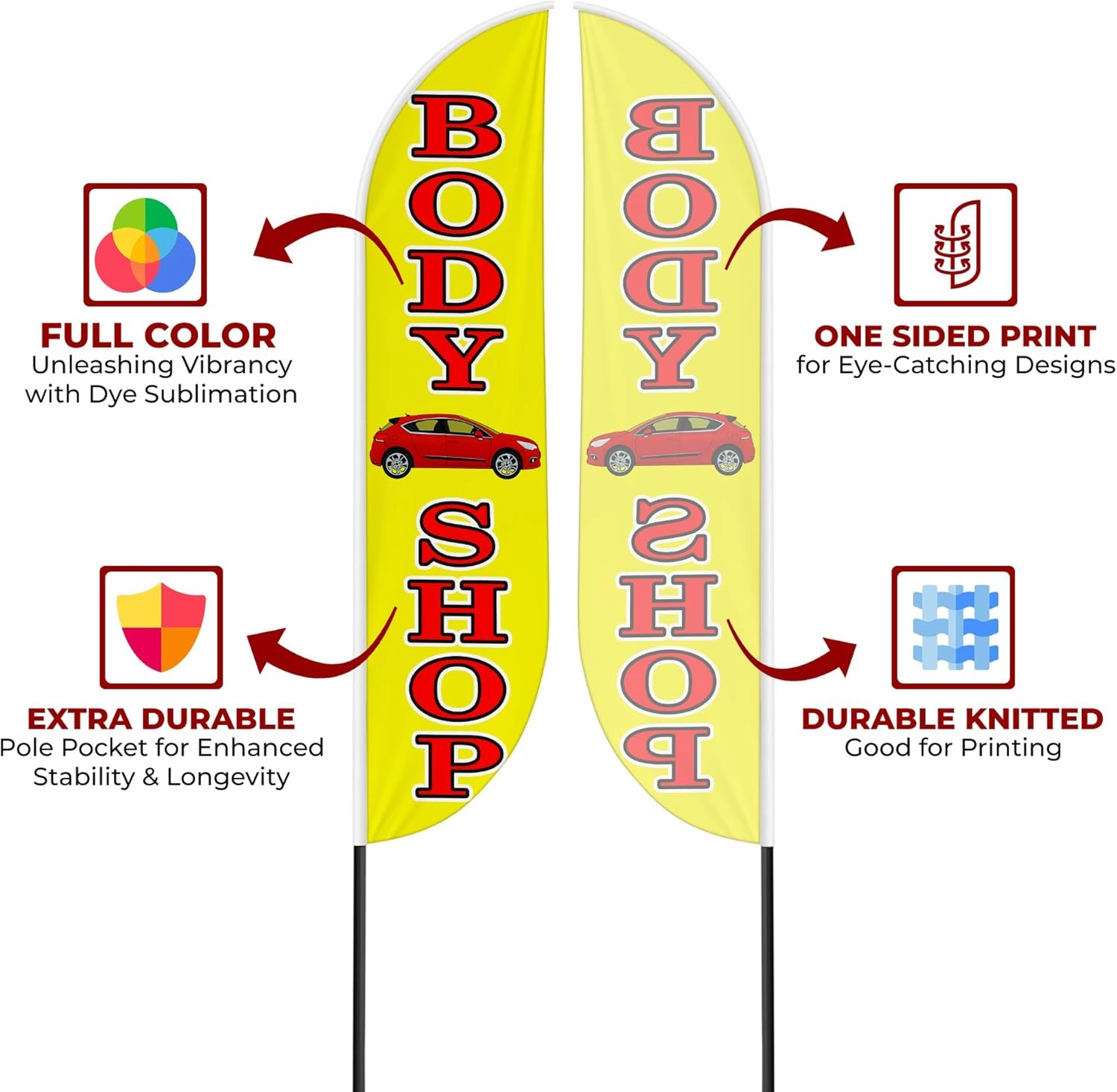 Body Shop Sign feather flag for Outdoor by Mavis Printing | 11.5 FEET Long Polyester Outdoor Banner Flag for Easy Hang | HD Print Swooper I Flag Only to Advertise Car Business| Made in USA I Flag Only