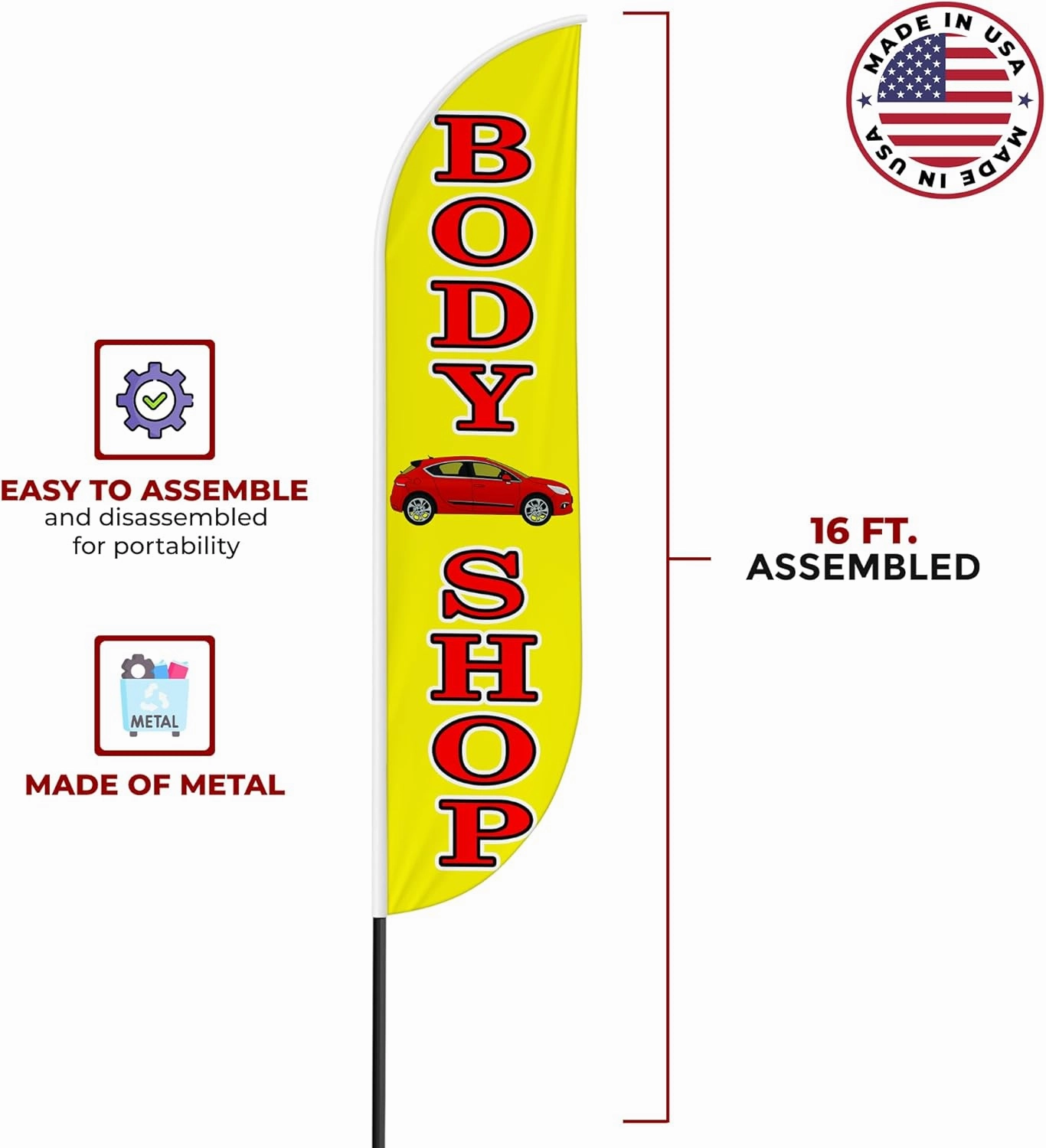 Body Shop Sign feather flag for Outdoor by Mavis Printing | 11.5 FEET Long Polyester Outdoor Banner Flag for Easy Hang | HD Print Swooper I Flag Only to Advertise Car Business| Made in USA I Flag Only