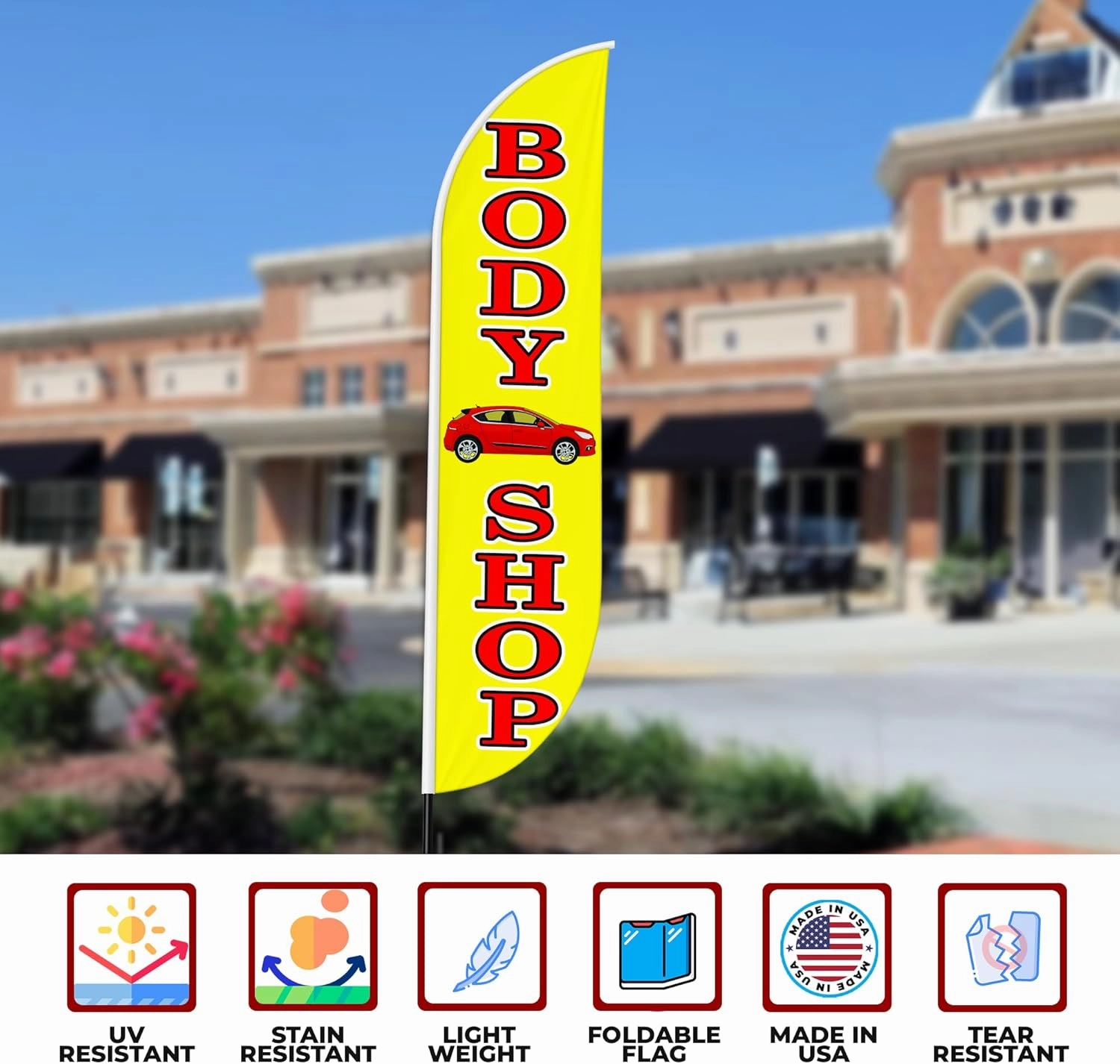 Body Shop Sign feather flag for Outdoor by Mavis Printing | 11.5 FEET Long Polyester Outdoor Banner Flag for Easy Hang | HD Print Swooper I Flag Only to Advertise Car Business| Made in USA I Flag Only