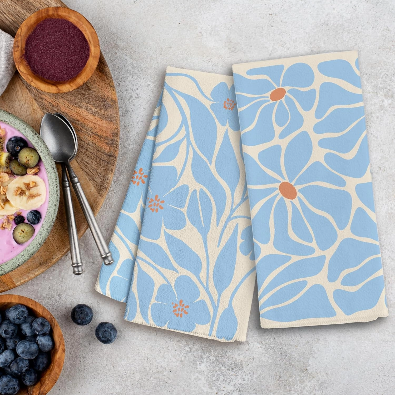Boho Floral Towels - Set of 2; Blue Floral Hand, Beige Dish; Botanical, Decorative; Boho Design for Kitchen & Bath; 16x24 Inches