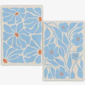 Boho Floral Towels - Set of 2; Blue Floral Hand, Beige Dish; Botanical, Decorative; Boho Design for Kitchen & Bath; 16x24 Inches