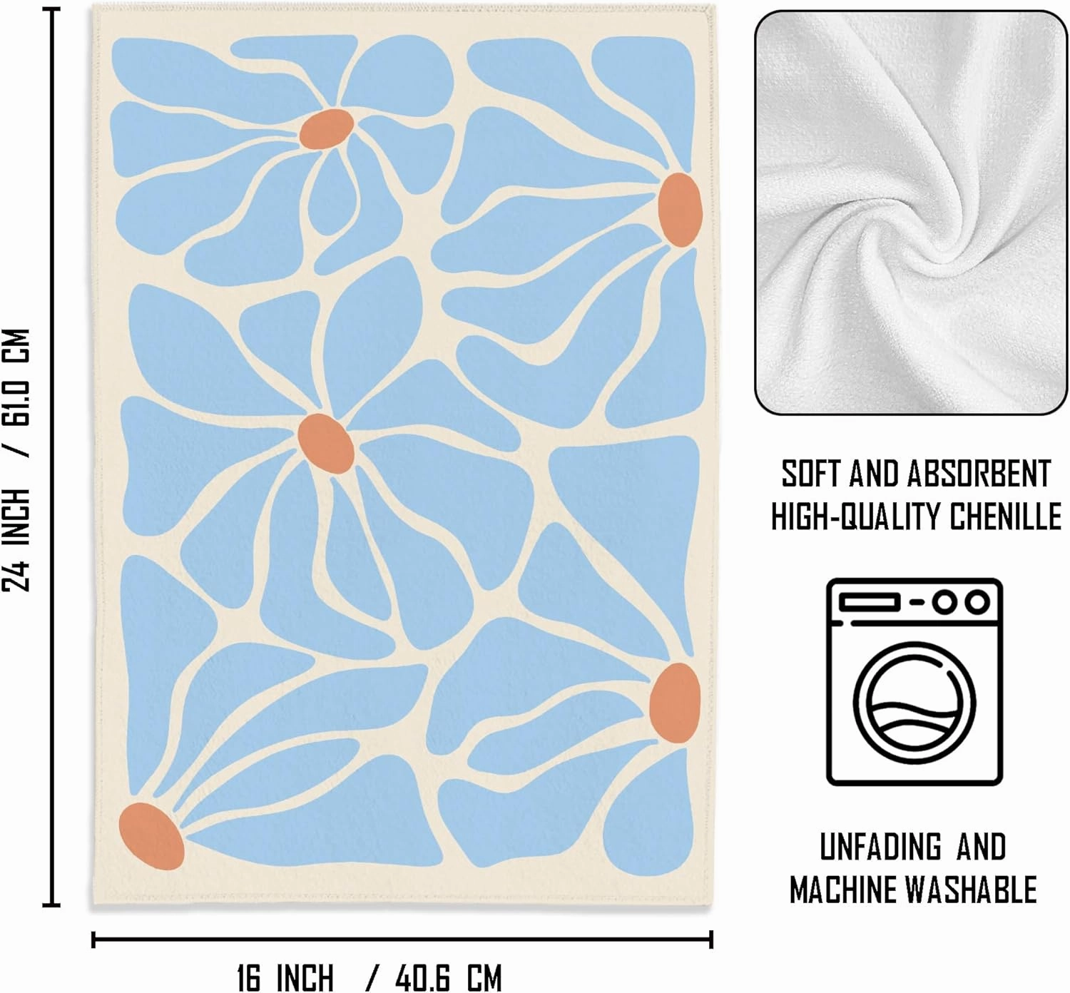 Boho Floral Towels - Set of 2; Blue Floral Hand, Beige Dish; Botanical, Decorative; Boho Design for Kitchen & Bath; 16x24 Inches