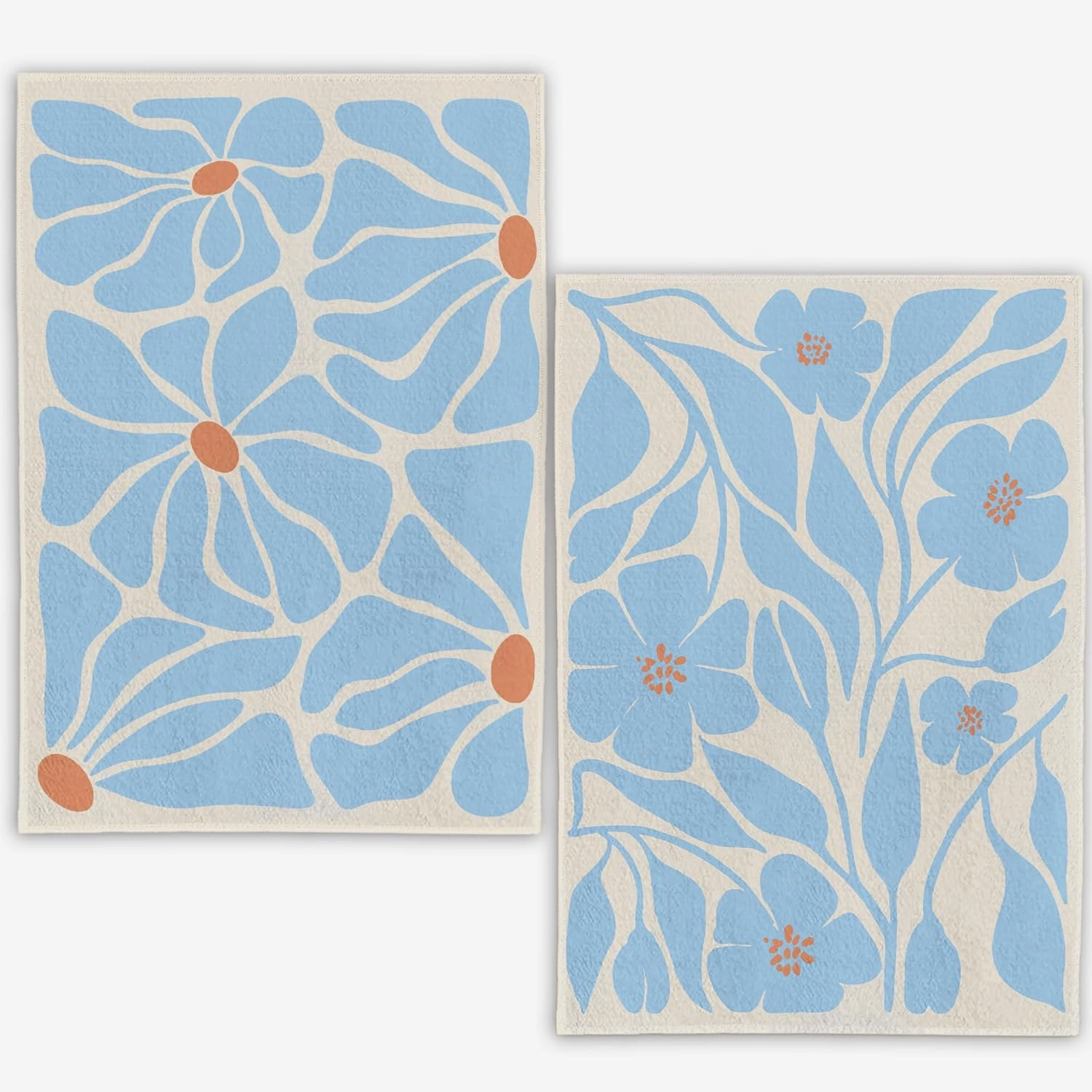 Boho Floral Towels - Set of 2; Blue Floral Hand, Beige Dish; Botanical, Decorative; Boho Design for Kitchen & Bath; 16x24 Inches