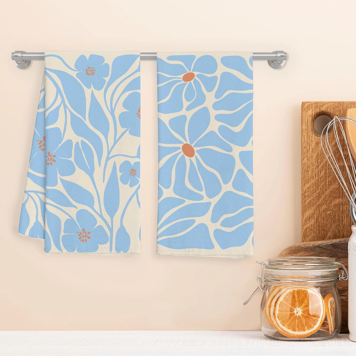 Boho Floral Towels - Set of 2; Blue Floral Hand, Beige Dish; Botanical, Decorative; Boho Design for Kitchen & Bath; 16x24 Inches