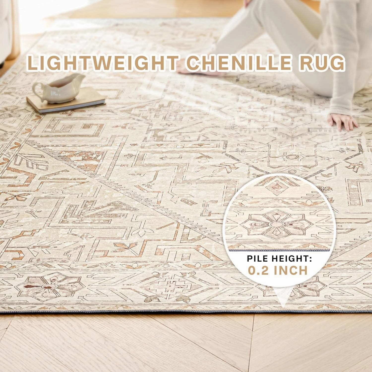 Boho Machine Washable Area Rug Non Slip Vintage Tribal Rugs Stain Resistant Retro Distressed Carpet for Living Room Bedroom, 5x7, Beige