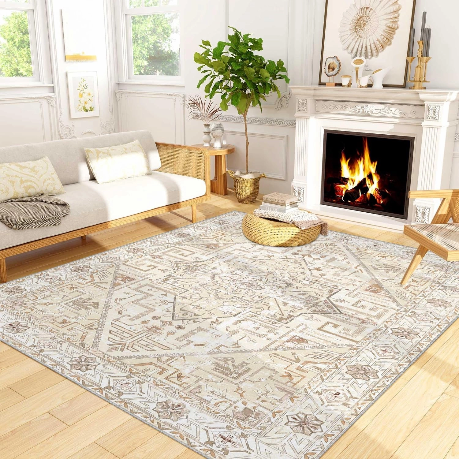 Boho Machine Washable Area Rug Non Slip Vintage Tribal Rugs Stain Resistant Retro Distressed Carpet for Living Room Bedroom, 5x7, Beige