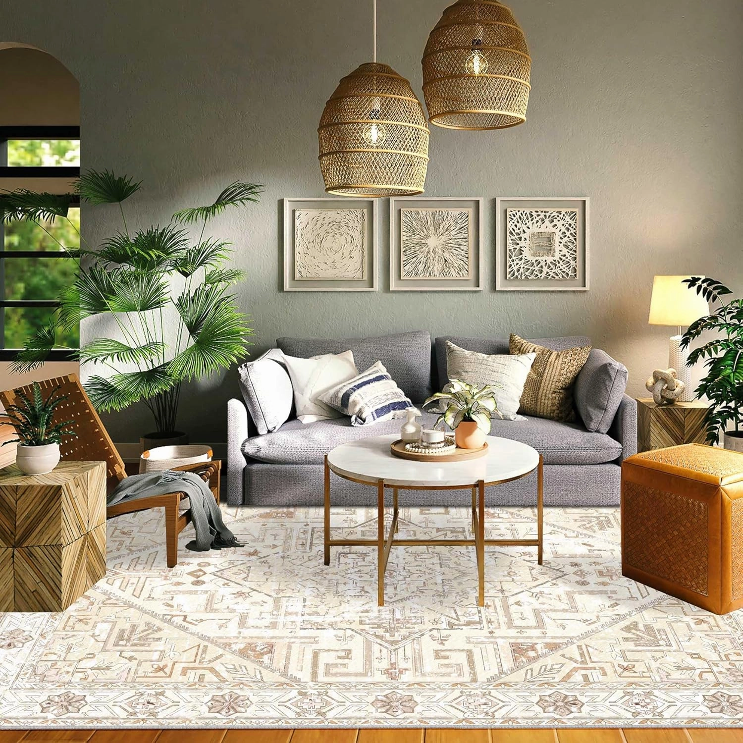Boho Machine Washable Area Rug Non Slip Vintage Tribal Rugs Stain Resistant Retro Distressed Carpet for Living Room Bedroom, 5x7, Beige
