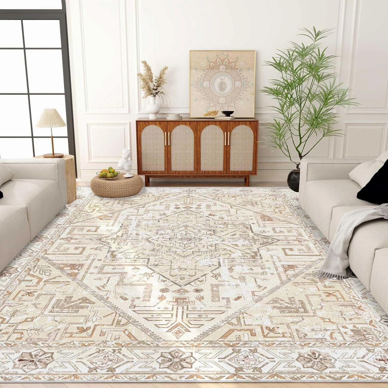 Boho Machine Washable Area Rug Non Slip Vintage Tribal Rugs Stain Resistant Retro Distressed Carpet for Living Room Bedroom, 5x7, Beige
