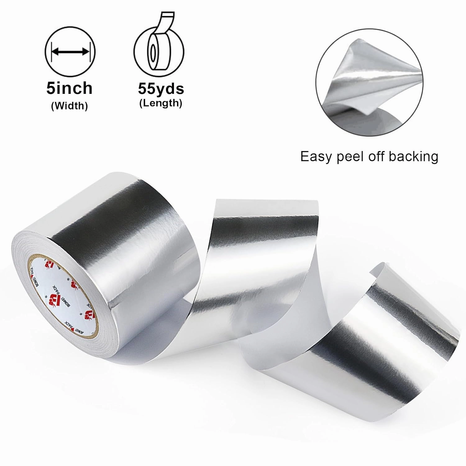 BOMEI PACK Aluminum Foil Tape,Heavy Duty Metal Duct Tape,High Temperature Silver Tape,Perfect for Sealing & Patching,HVAC,Air Ducts,Insulation and Metal Repair (5 Inch x 55 Yards)