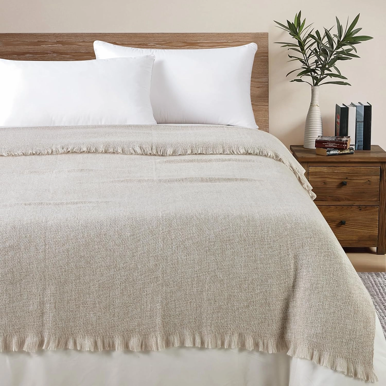 BOURINA Faux Cashmere Fringe Throw Blanket Decorative Lightweight Throw Soft Cozy for Bed or Sofa Outdoor Blanket, 50x70 Inches Beige
