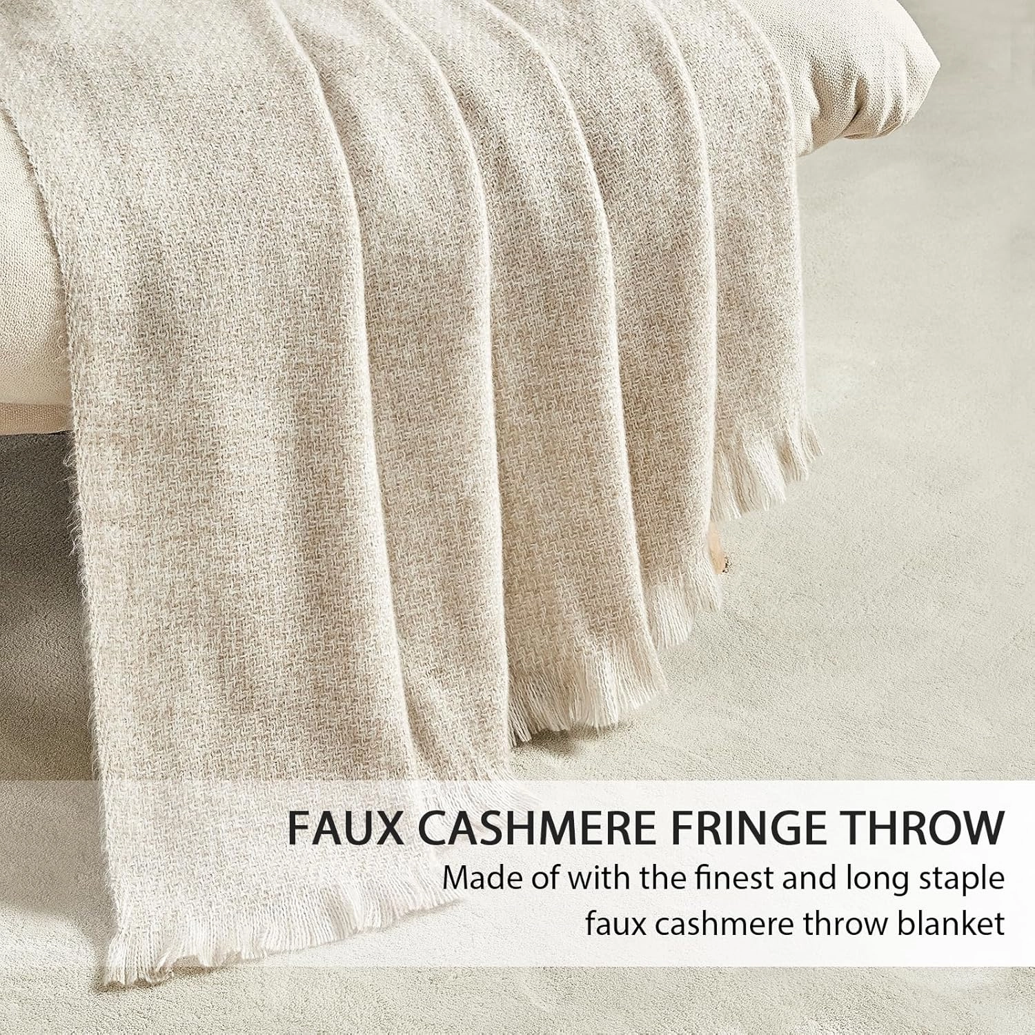 BOURINA Faux Cashmere Fringe Throw Blanket Decorative Lightweight Throw Soft Cozy for Bed or Sofa Outdoor Blanket, 50x70 Inches Beige