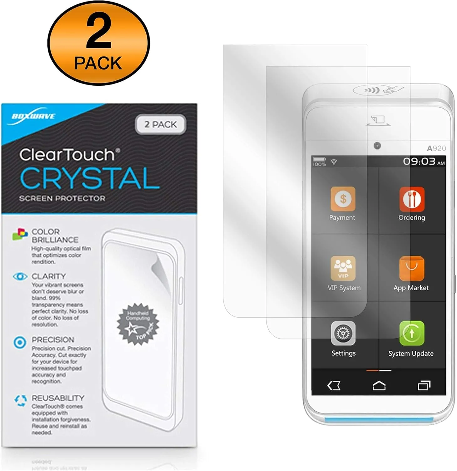 BoxWave Screen Protector Compatible with Pax A920 - ClearTouch Crystal (2-Pack), HD Film Skin - Shields from Scratches