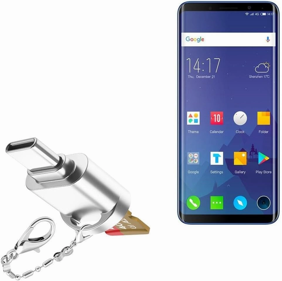 BoxWave Adapter Compatible with Elephone U - Micro SD Card miniReader, USB Type-C OTG Reader USB3.0 Adapter Keychain - Metallic Silver