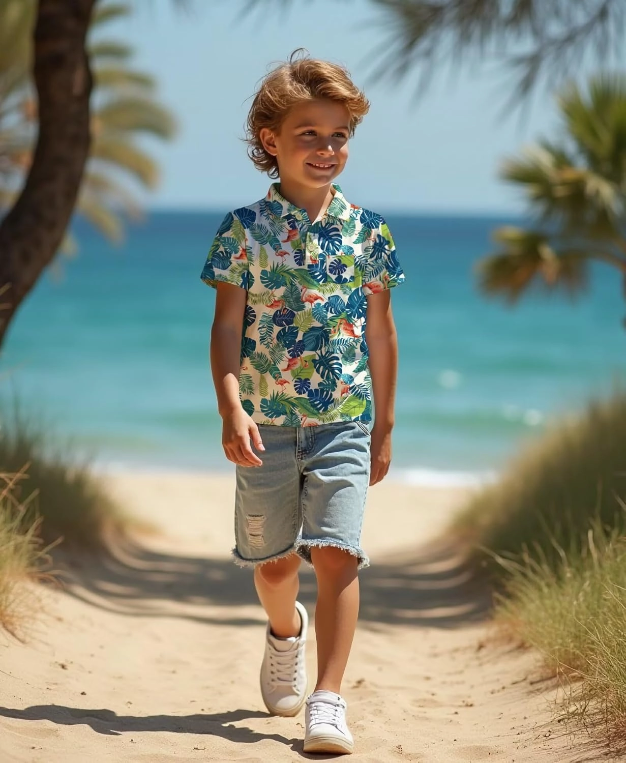 Boys Hawaiian Shirt Polo Tropical Kid Aloha Golf Uniform Short Sleeve Printed Tee Summer Beach Vacation Graphic Top
