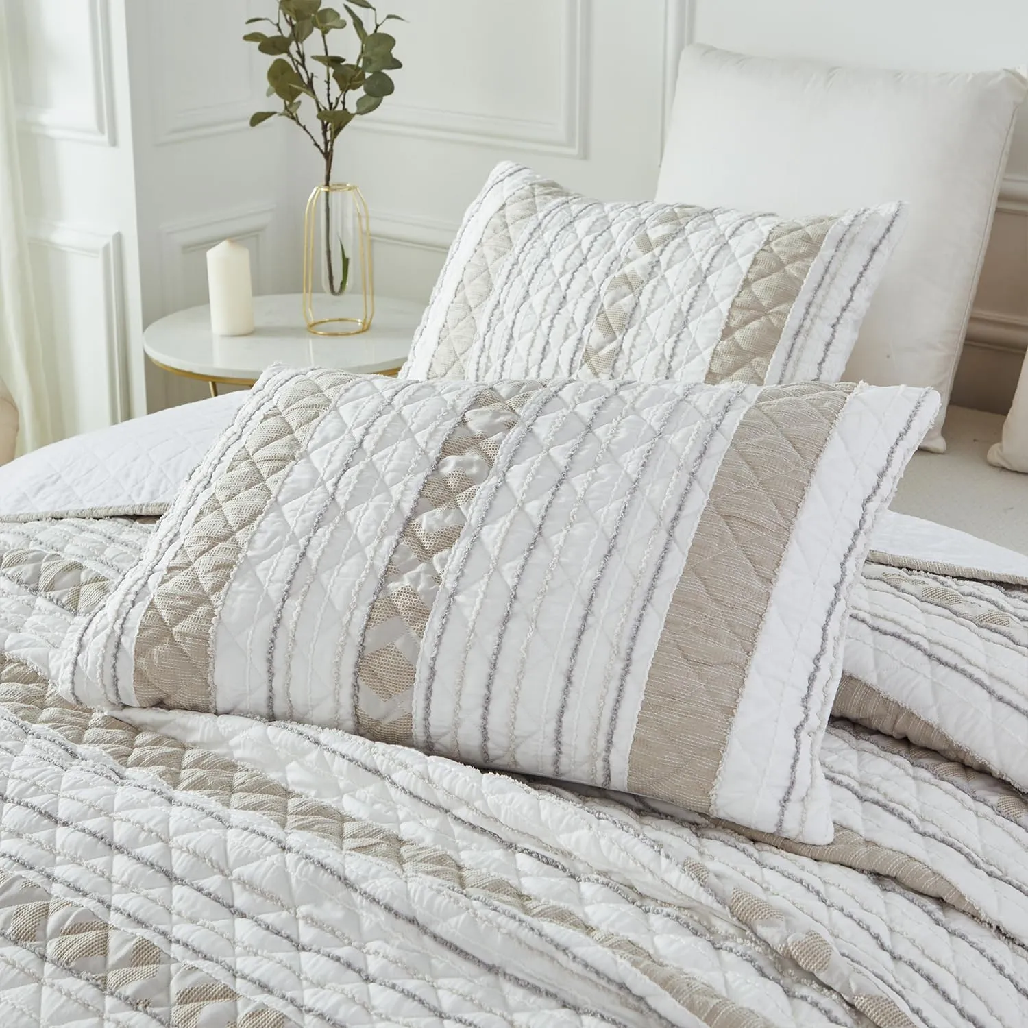 Brandream King Size Quilt Bedding Set Cotton Blend Elegant Striped Quilts Modern Farmhouse Waffle Quilted Comforter Set 3-Piece