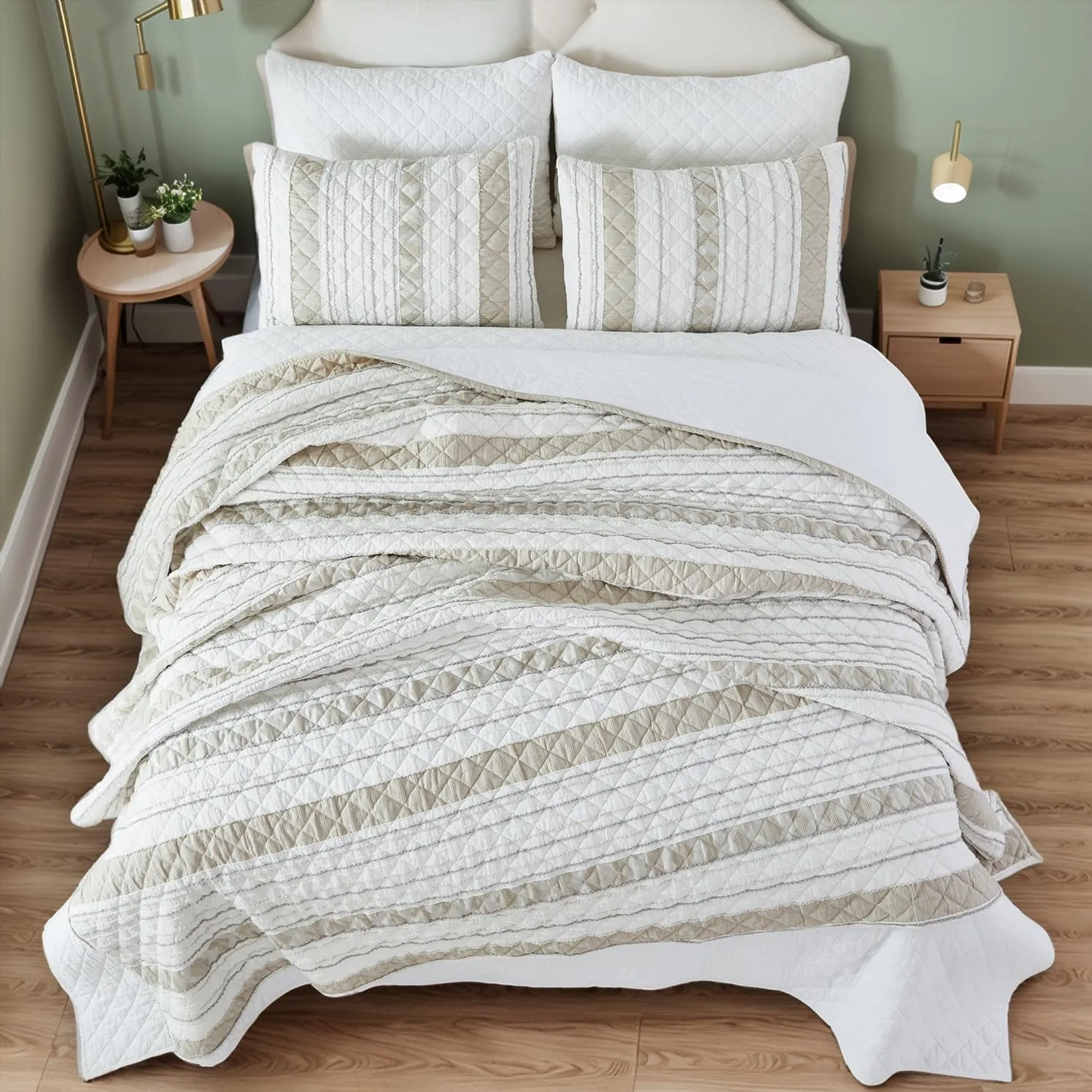 Brandream King Size Quilt Bedding Set Cotton Blend Elegant Striped Quilts Modern Farmhouse Waffle Quilted Comforter Set 3-Piece