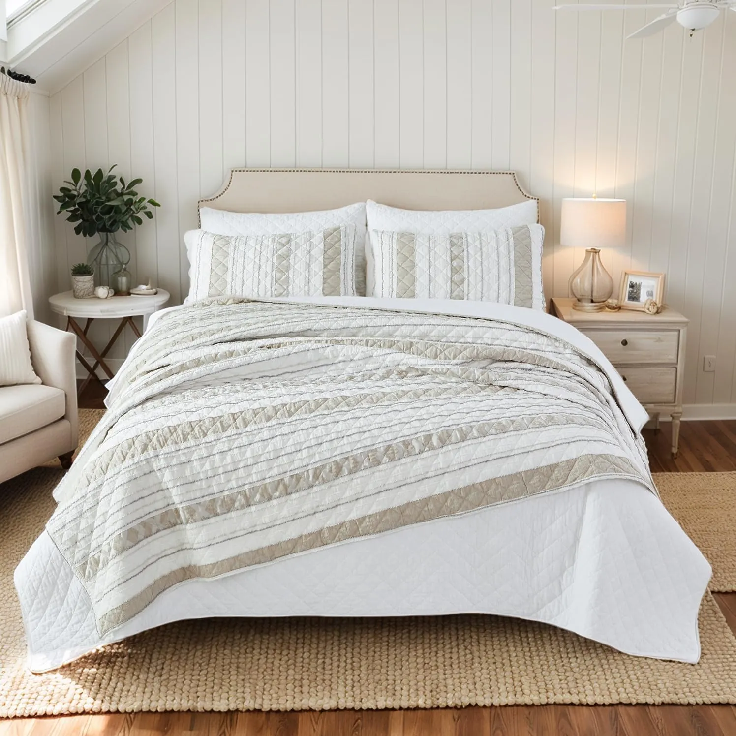 Brandream King Size Quilt Bedding Set Cotton Blend Elegant Striped Quilts Modern Farmhouse Waffle Quilted Comforter Set 3-Piece