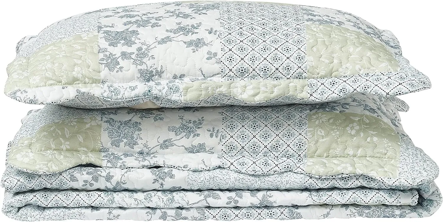 Brilliant Sunshine Multi Blue and Beige Floral Patchwork, 3-Piece Quilt Set with 2 Shams, Reversible Bedspread, Soft Lightweight Coverlet, All-Season, Full/Queen, Blue White
