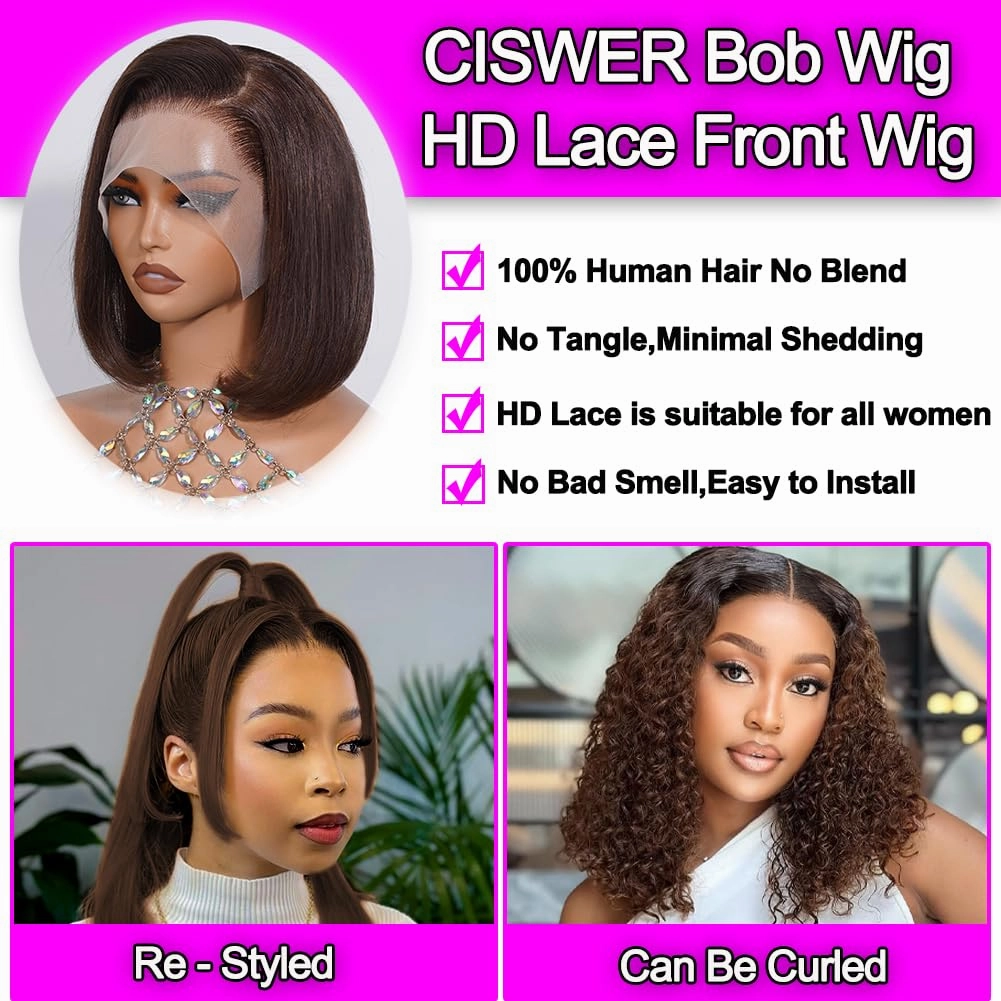 Brown 13x4 Lace Front Bob Wig Human Hair Pre Plucked Stairght 4# Colored Short Wigs for Black Women Short Wig Bob 180 Density 14 Inch