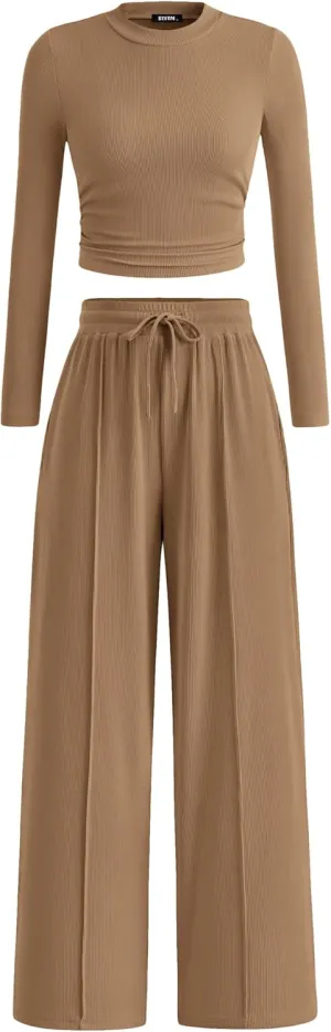 BTFBM Casual 2 Piece Sets For Women Spring Outfits 2025 Long Sleeve Crop Top Wide Leg Pants Summer Matching Lounge Set