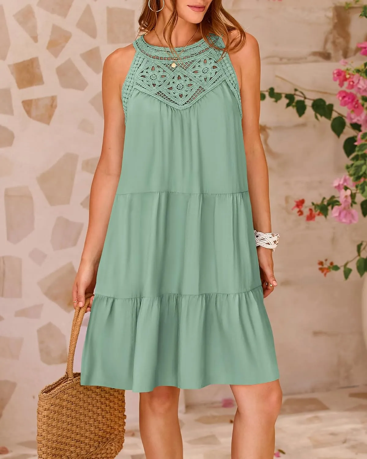 BTFBM Women Summer Halter Dresses Casual Spring 2025 Sleeveless A-Line Tiered Swing Mini Dress Beach Vacation Sundress